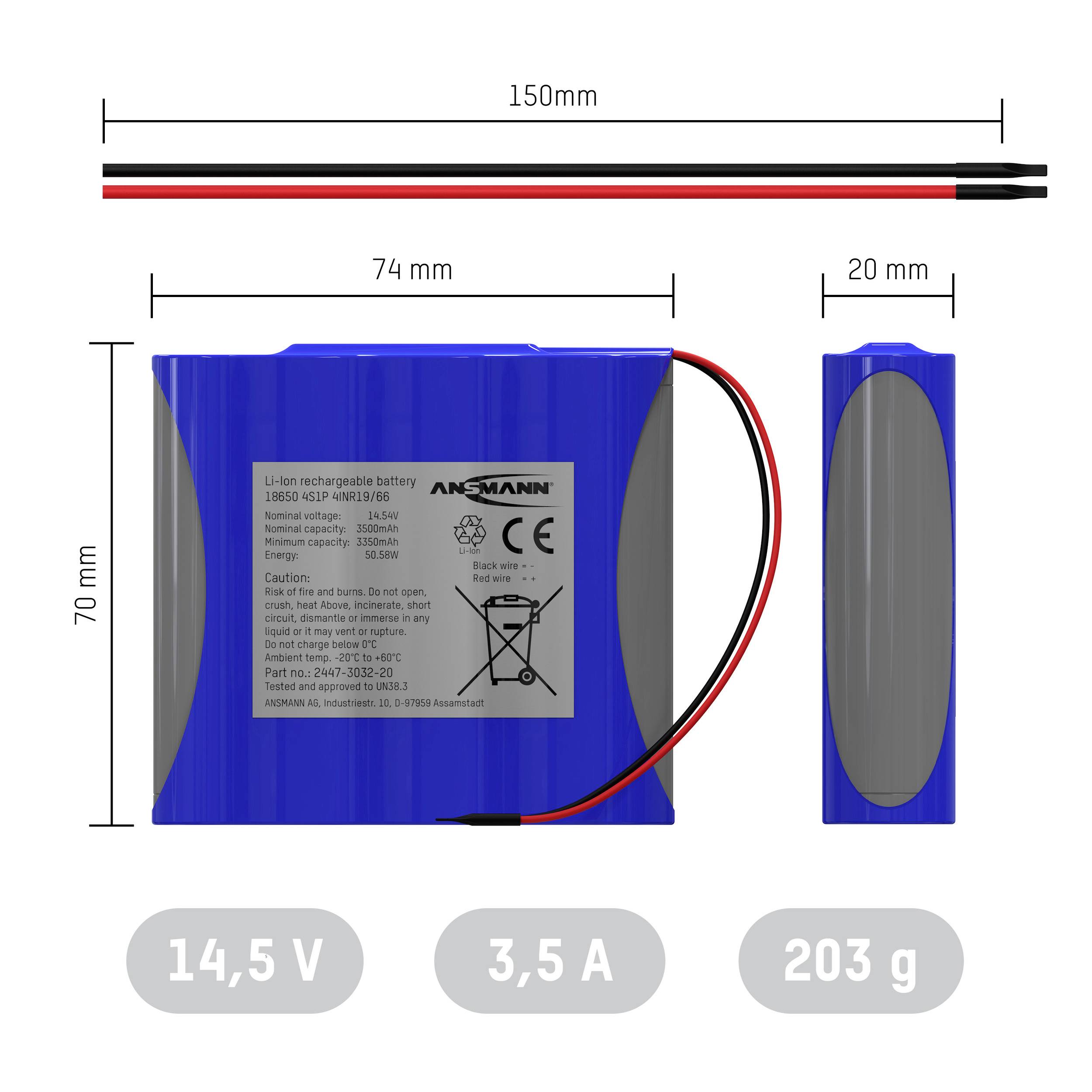 Obrázek zobrazuje technické specifikace modrého lithium-iontového akumulátoru: 14,5 V, 3,5 A, 203 g. Rozměry: 150x74x20 mm. Kabel je viditelný.