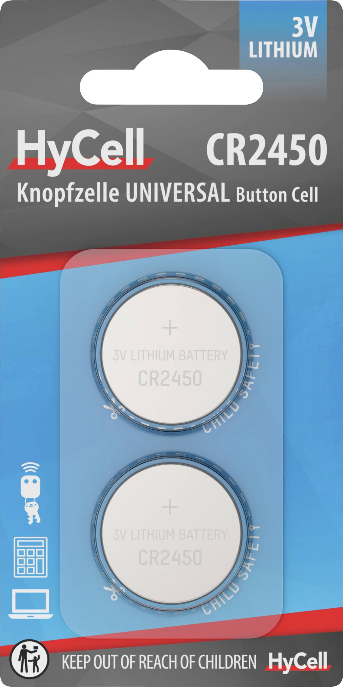 'HyCell CR2450' knoflíková baterie s dvěma 3V lithiovými bateriemi. Upozornění 'Uchovávejte mimo dosah dětí'. Krabička v modré a červené barvě.