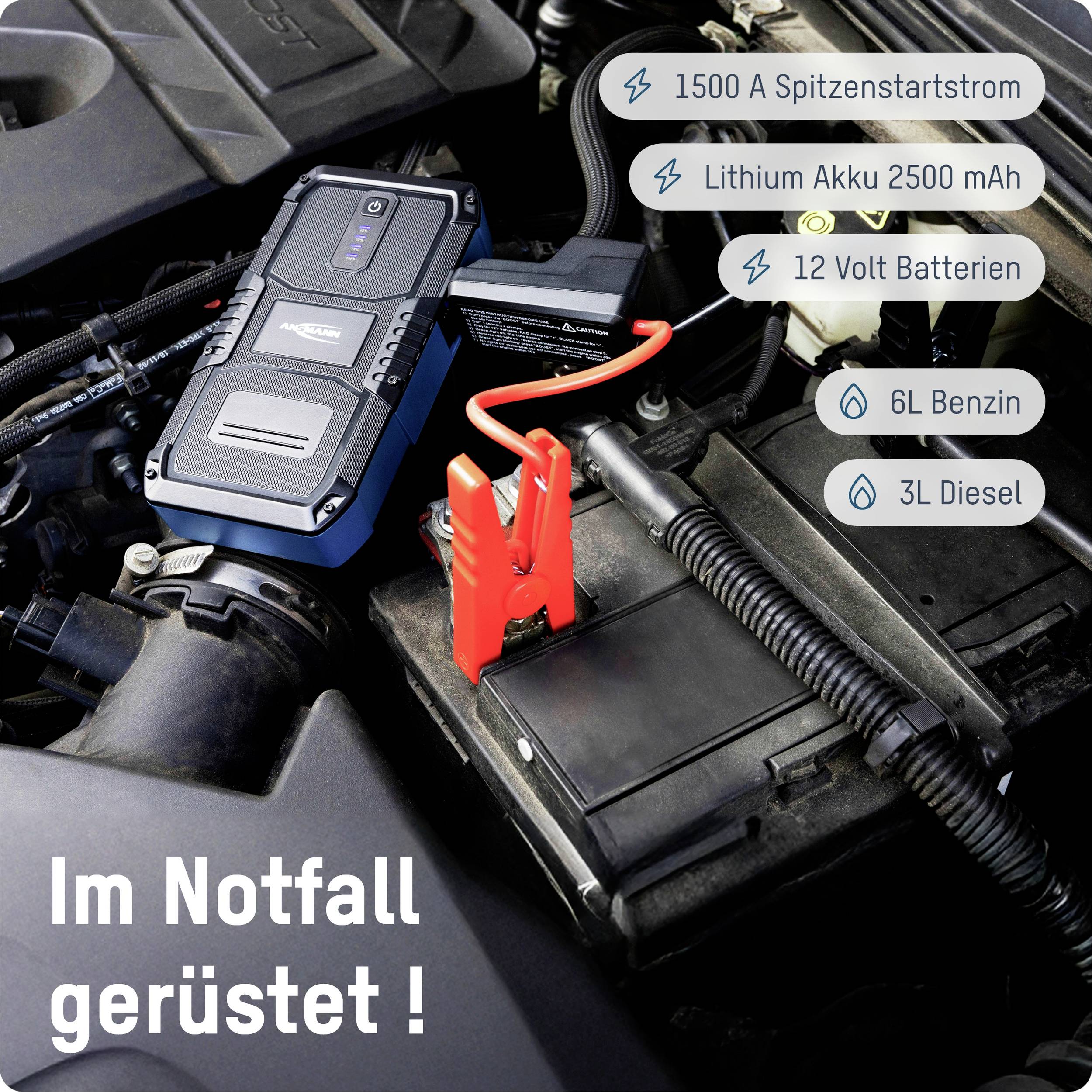 Přenosný startovací zdroj je připojen k autobaterii. Text: 'Připraven v nouzi!', s technickými specifikacemi zařízení.