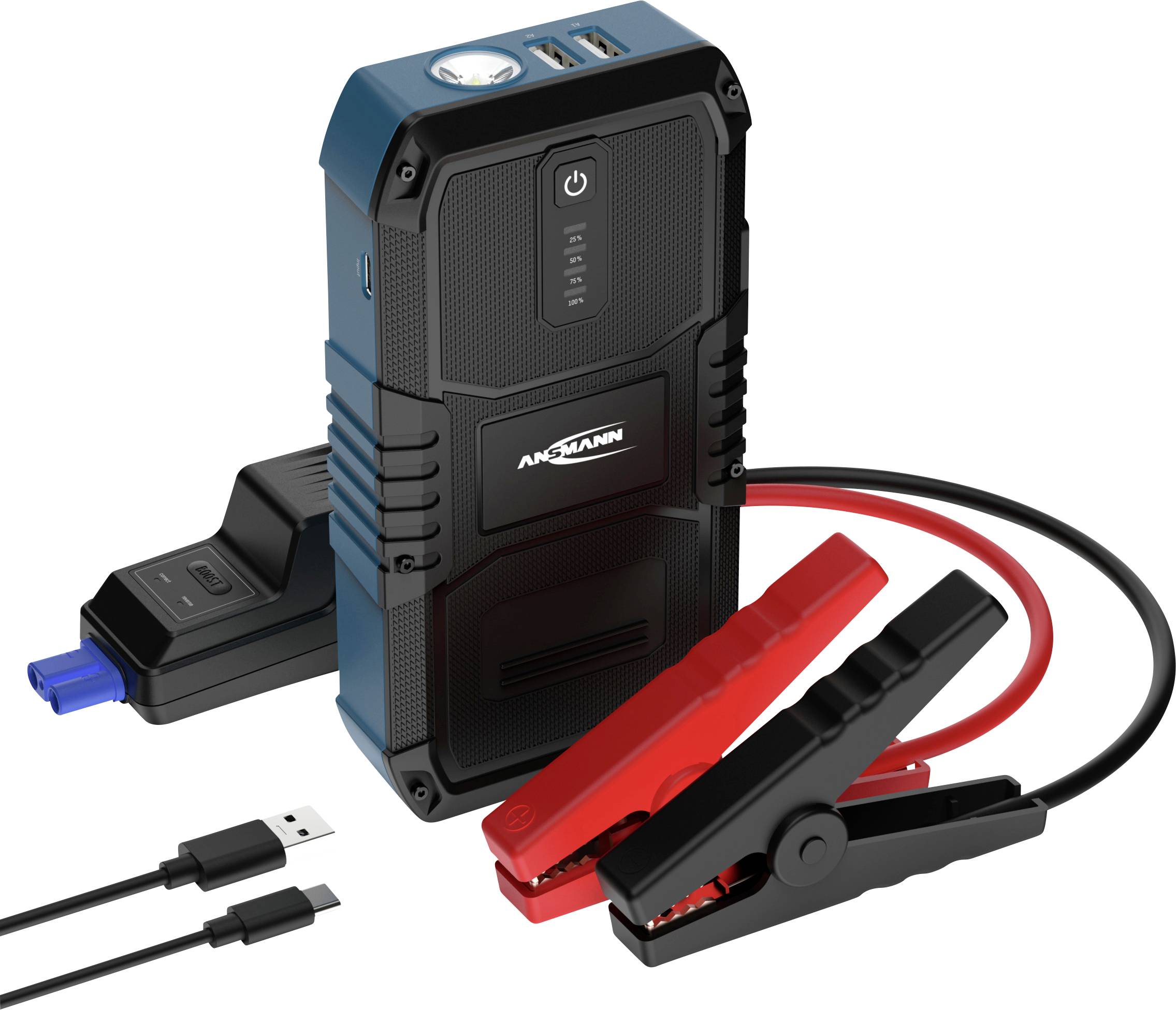 Přenosné startovací zařízení s červenými a černými svorkami, USB porty a tlačítkem napájení. Vhodné pro startování baterií.