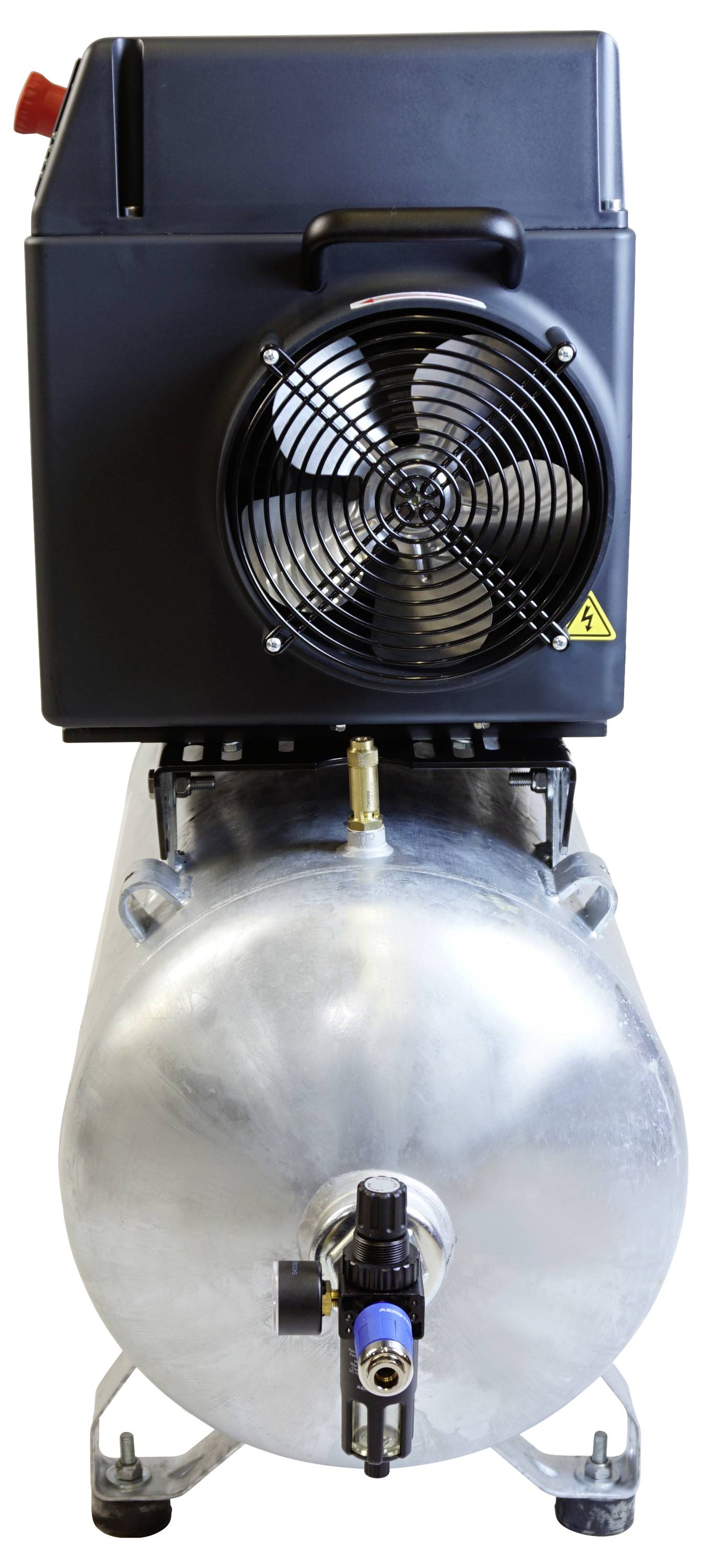 Kompresor se vzduchovým válcovým tankem a ventilátorem, používaný pro pohon pneumatických nástrojů a nafukování předmětů. Vybaven tlakoměrem.