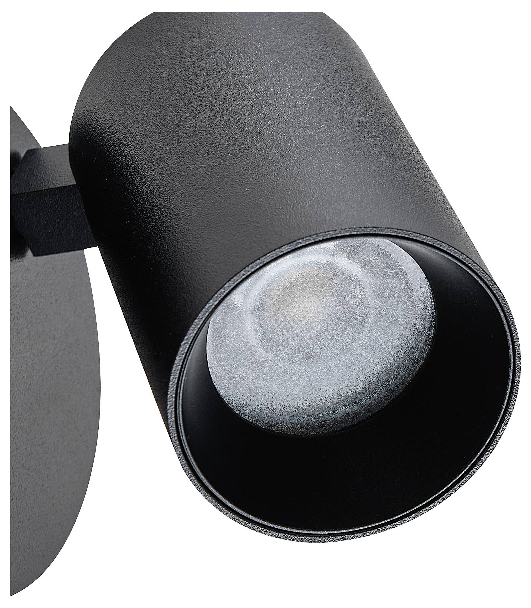 Černá, válcovitá nástěnná lampa s LED osvětlením směřujícím dolů.