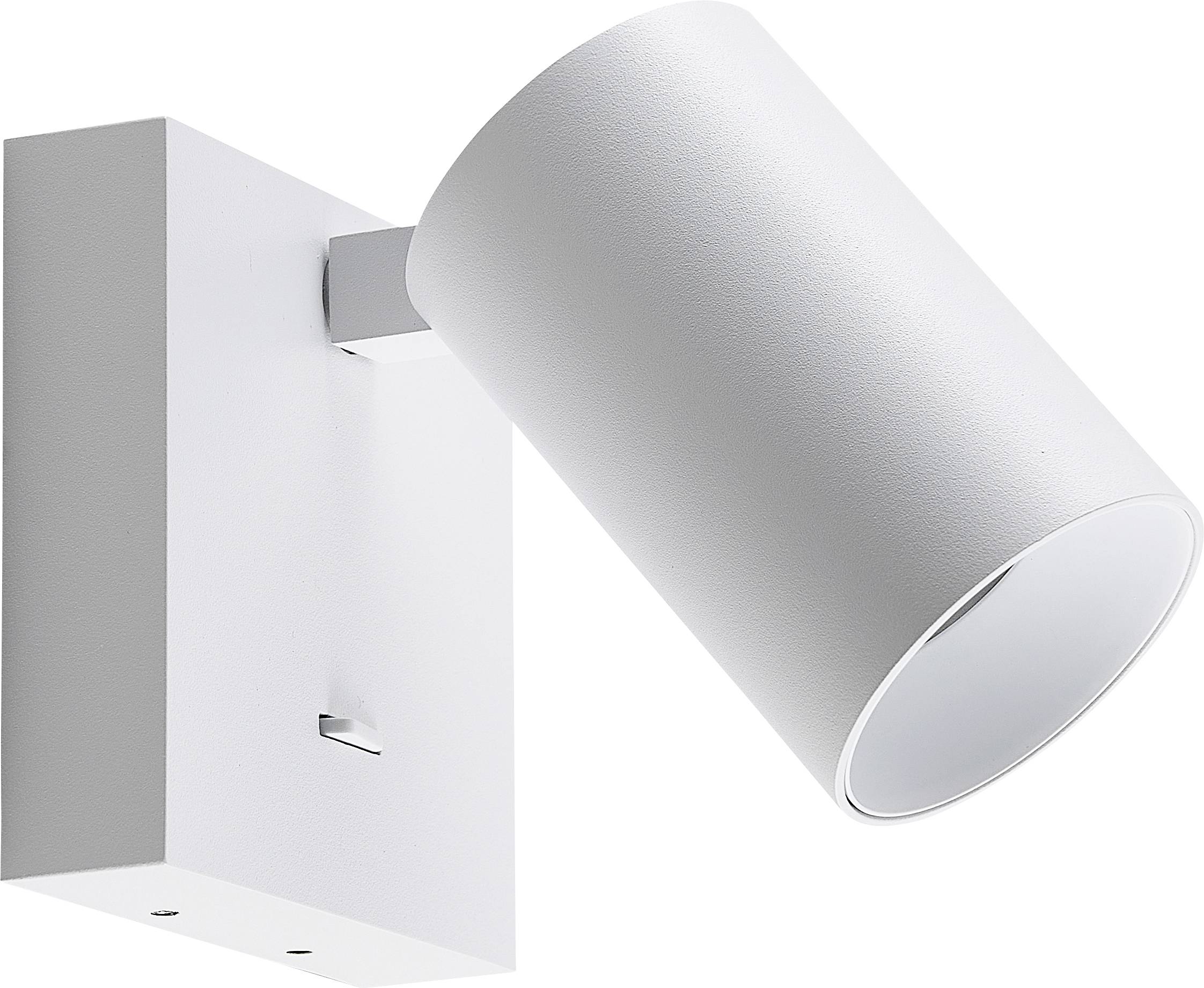 Bílá válcová nástěnná lampa s obdélníkovou základnou, moderního a minimalistického designu, vhodná pro vnitřní osvětlení.