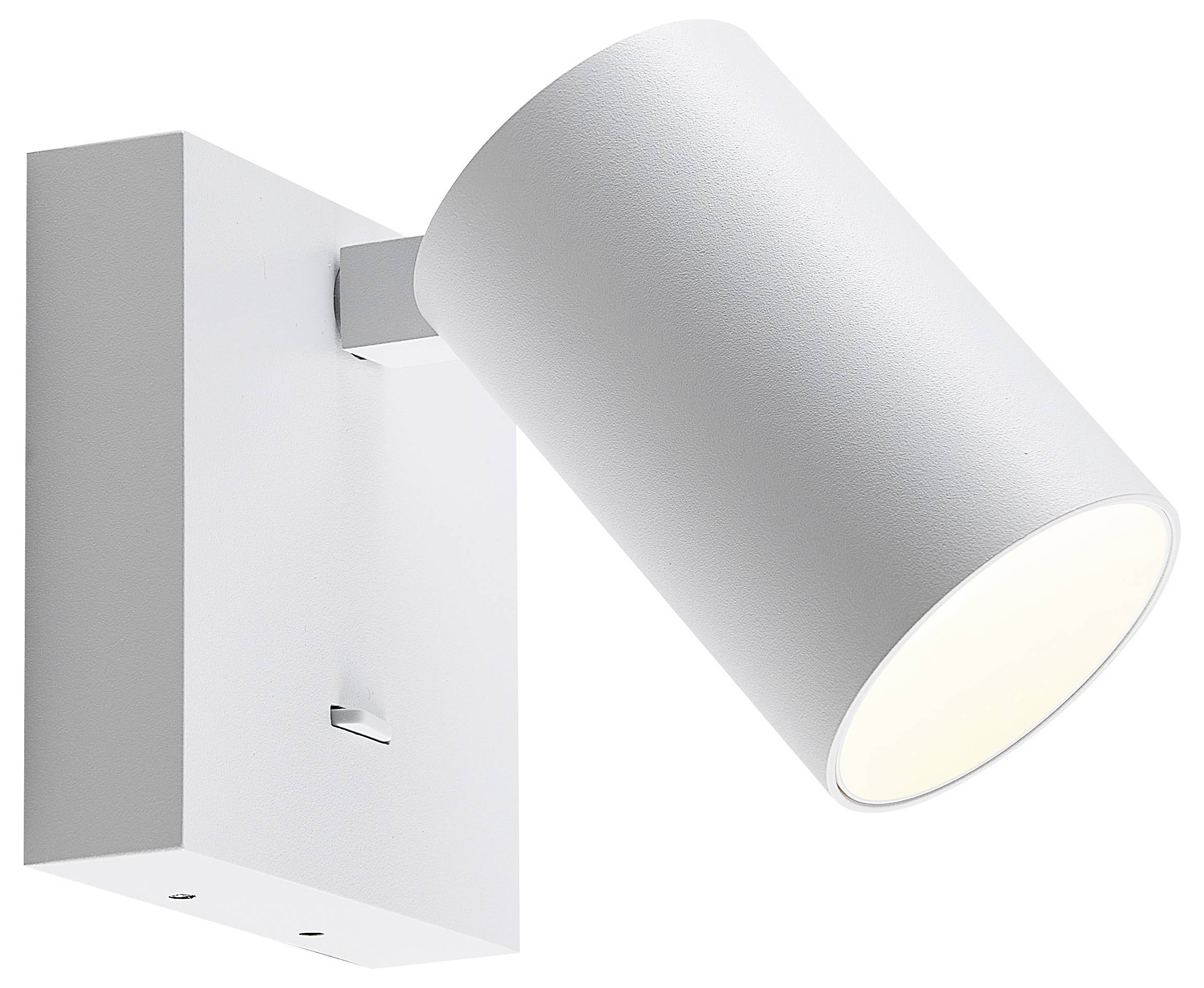 Bílé válcové nástěnné svítidlo s obdélníkovým nástěnným držákem a moderními designovými prvky.