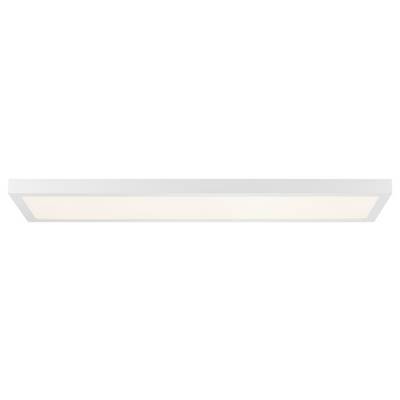 Obdélníkové ploché stropní LED svítidlo v bílém rámu, které vyzařuje rovnoměrné světlo.