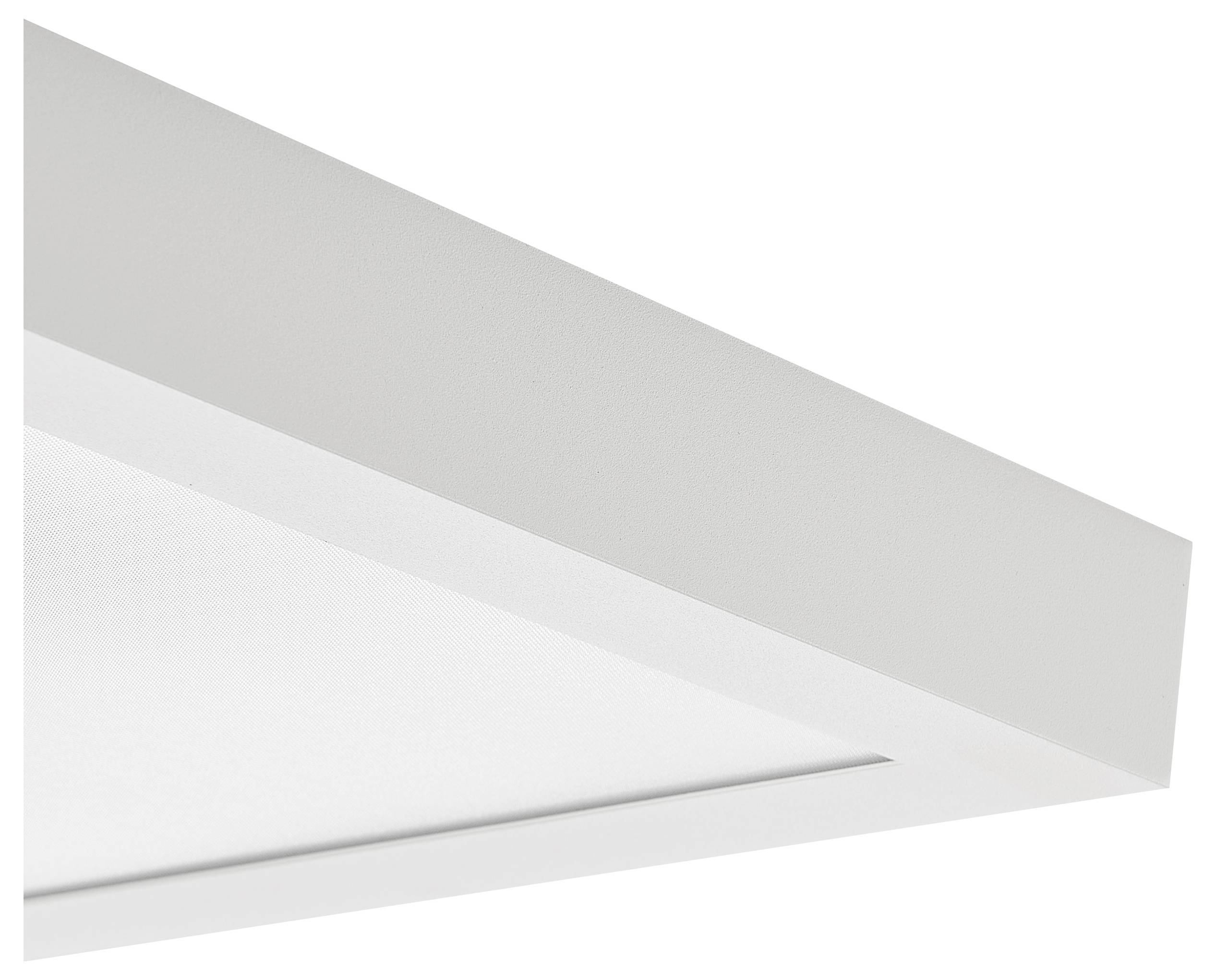 Bílý obdélníkový LED panel s úzkým rámečkem, namontovaný na bílém stropě, ukazuje moderní osvětlovací design.