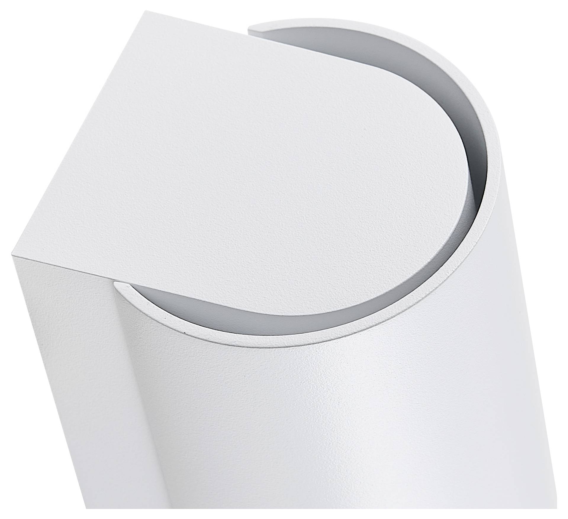 Bílá válcovitá architektura s půlkruhovým prohlubněm nahoře. Minimalistický design s hladkým povrchem.