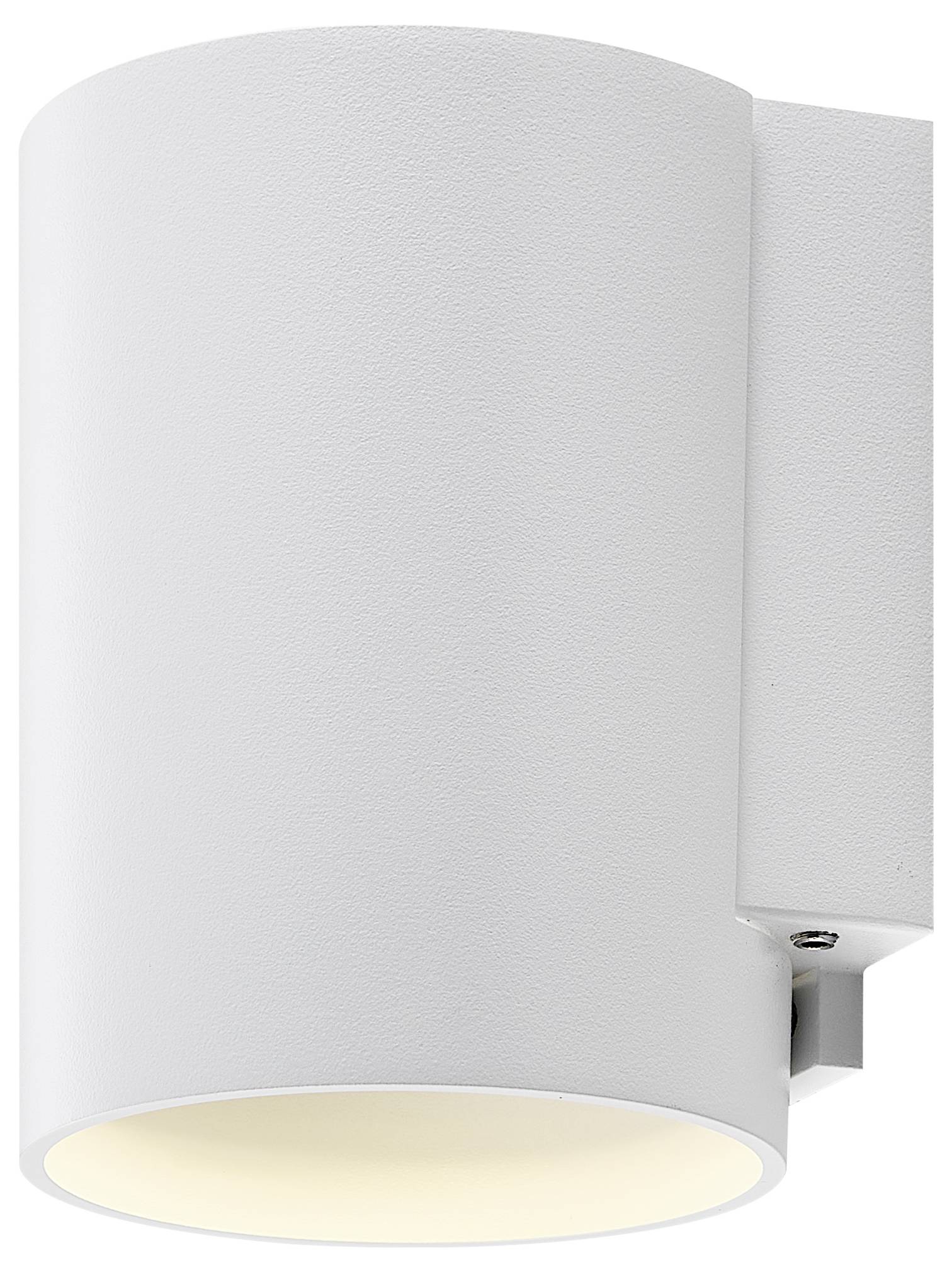 Bílá nástěnná lampa v cylindrickém tvaru, která svítí směrem dolů. Moderní, minimalistický design, vhodný do interiéru.