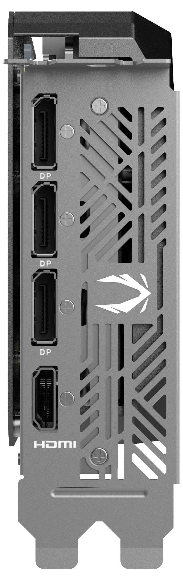Grafická karta počítače se čtyřmi porty: třemi DisplayPort a jedním HDMI. Na zadní straně jsou viditelné větrací otvory a logo výrobce.