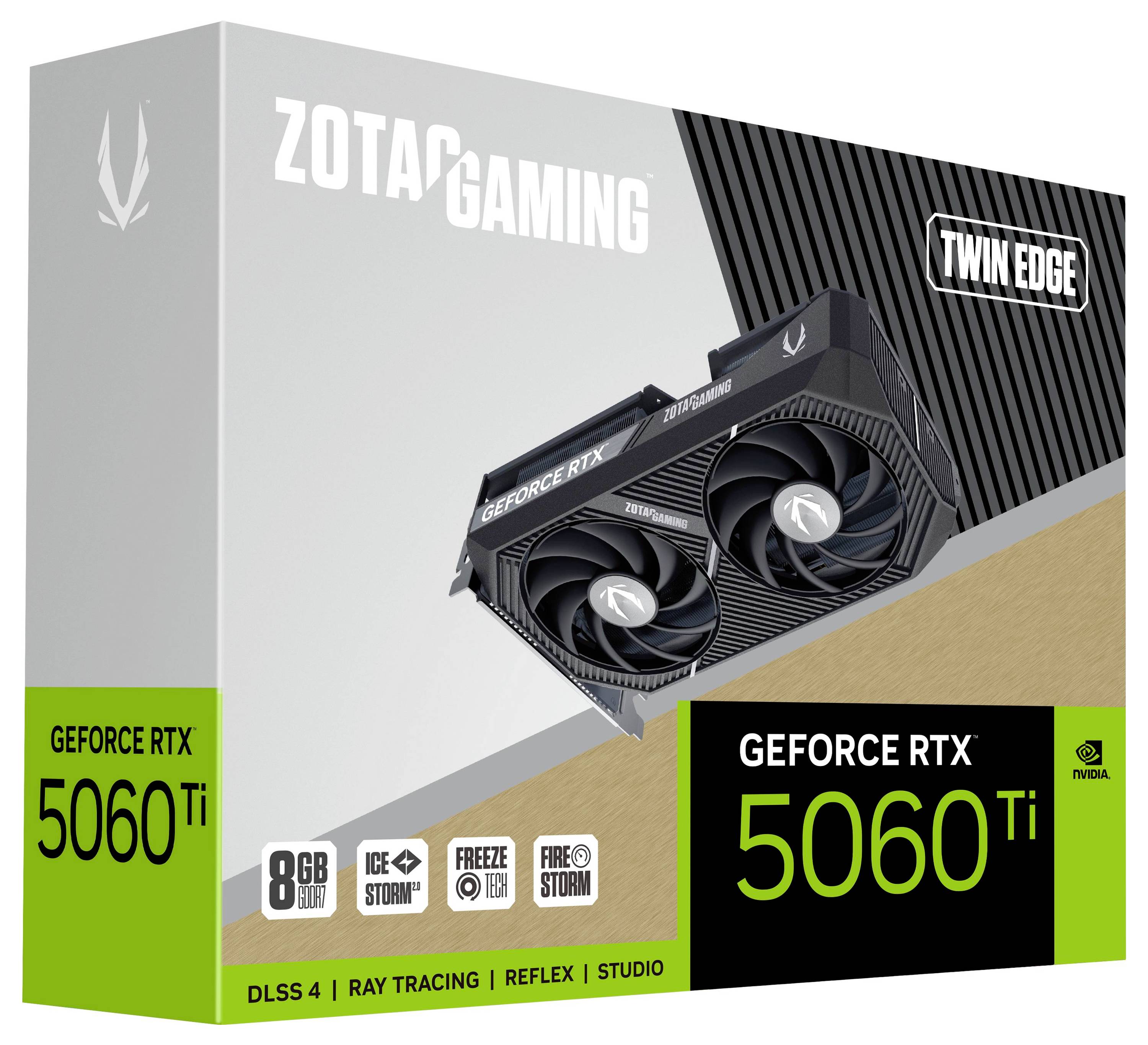 Balení grafické karty Zotac Gaming GeForce RTX 5060 Ti s 8GB GDDR6, model Twin Edge, zvýrazněné různými technologickými ikonami.