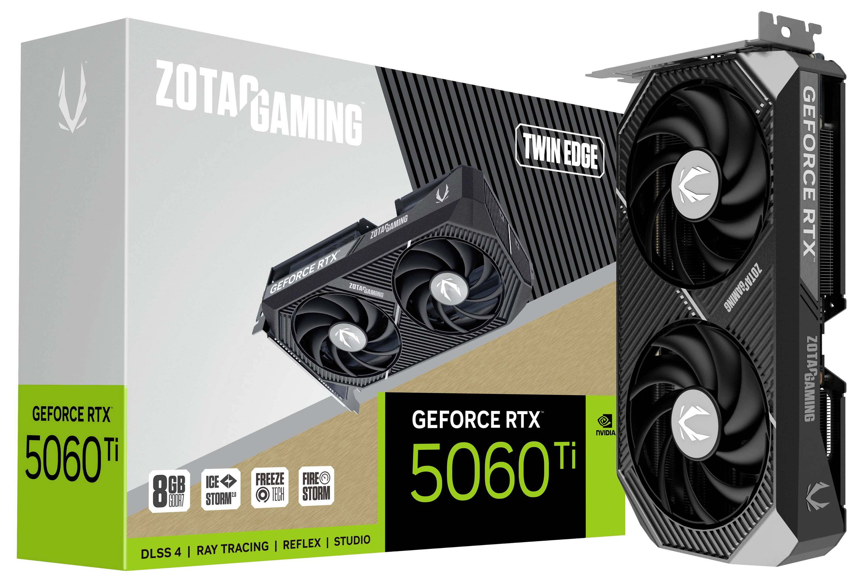 Balení a grafická karta značky 'ZOTAC' s označením 'GeForce RTX 5060 Ti', 8GB, jsou zde zřetelně viditelné.