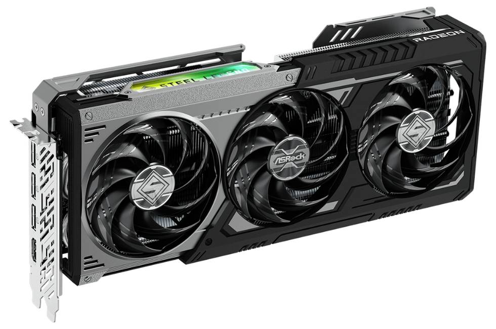 Grafická karta počítače se třemi chladicími ventilátory, s elegantním designem a několika výstupními porty.