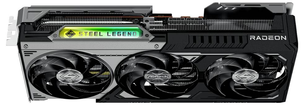'Grafická karta ASRock Steel Legend Radeon se třemi chladicími ventilátory a RGB osvětlením, navržená pro vysoce výkonné hraní a grafiku.'