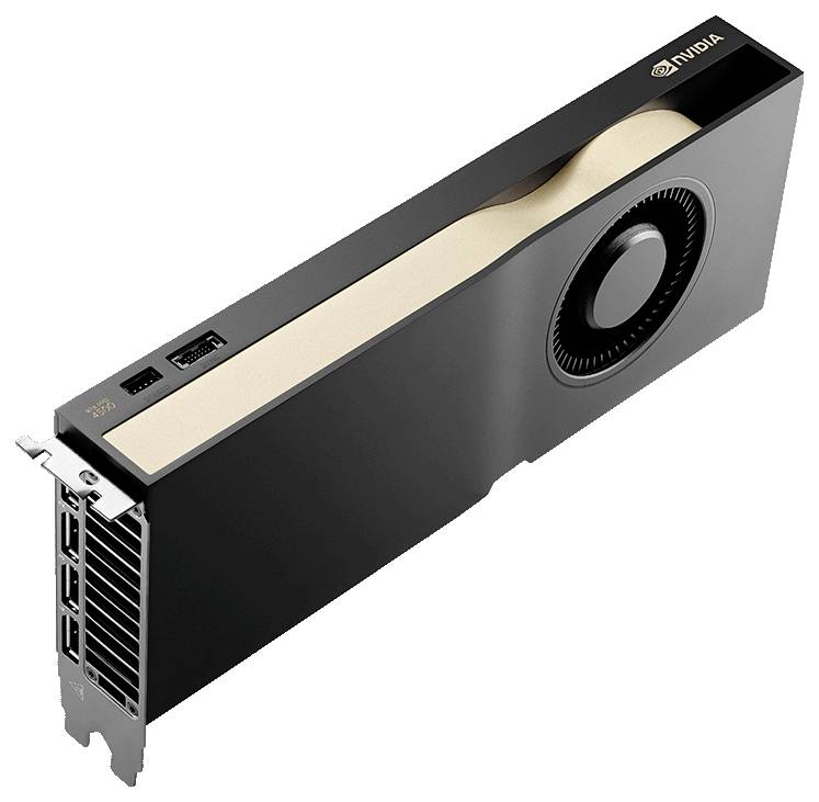 Grafická karta NVIDIA v černozlaté barvě s několika porty na zadní straně; větrák viditelný z boku.