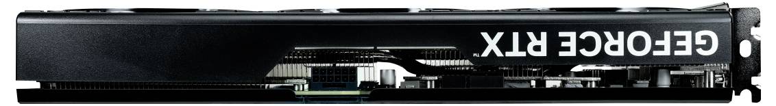 Grafická karta s nápisem 'GEFORCE RTX' po straně. Ukazuje vnitřní komponenty a strukturu ventilátorů.
