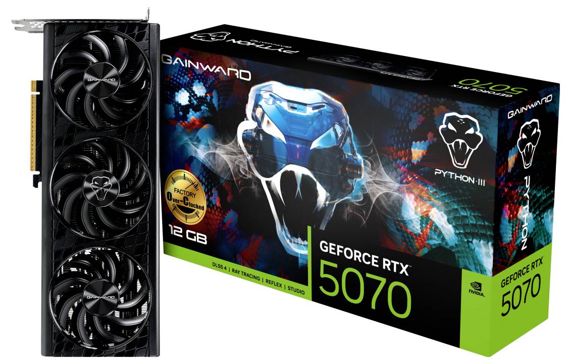 Grafická karta Gainward GeForce RTX 5070 s 12 GB paměti, černými ventilátory. Balení zobrazuje stylizované logo Pythonu 3 a technické detaily.