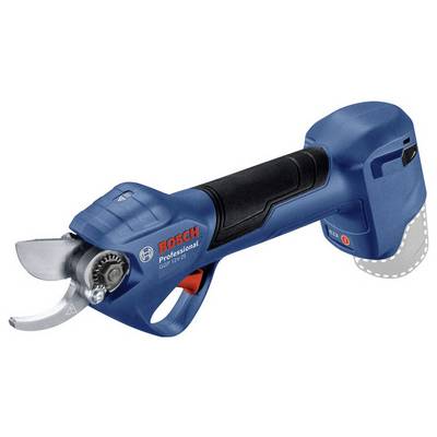 Elektrické zahradní nůžky modré barvy od Bosche s černou rukojetí, boční pohled.