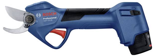 Bezdrátové zahradní nůžky 'Bosch Professional', modré barvy, s ergonomickou rukojetí a červeným spouštěčem, vhodné pro přesné řezy.