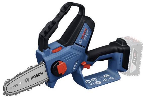 Modrá elektrická řetězová pila Bosch s ergonomickou rukojetí. Má odnímatelný akumulátor a bezpečnostní pokyny.