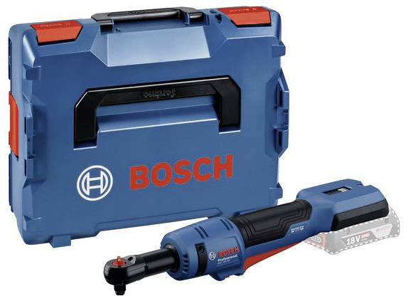 Akumulátorový rázový utahovák Akkurat v modré barvě s červeným logem Bosch, vedle něj odpovídající kufřík. Napájený akumulátorem, vhodný pro profesionální použití.