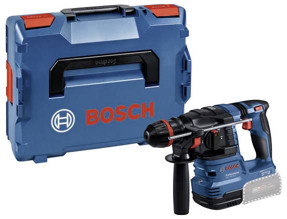 Modrý Bosch kladivo s rukojetí a akumulátorem, vedle něj odpovídající transportní kufřík. Oba nesou logo Bosch.