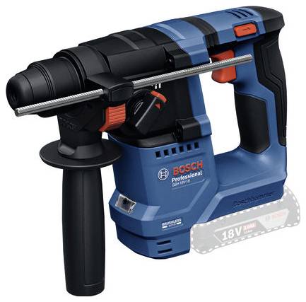 Akumulátorové kladivo v modré a černé barvě s červeným spínačem a přídavnou rukojetí. Model 'Bosch Professional 18V'. Ideální pro stavební práce.