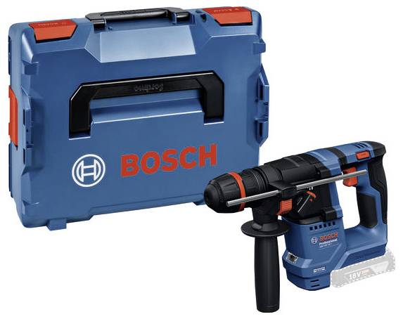 Modrá vrtačka Bosch s černou rukojetí a oranžovými prvky, vedle ní odpovídající kufřík na nářadí s červeným logem Bosch.