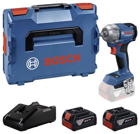 Sada akumulátorového rázového šroubováku v kufříku, včetně nabíječky a dvou 18V akumulátorů. Firemní logo 'Bosch' viditelné na kufříku a šroubováku.