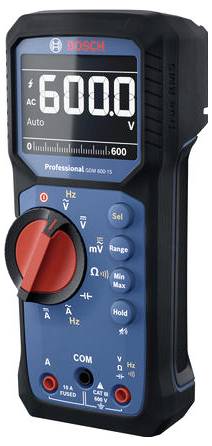Digitální multimetr značky Bosch s velkým displejem, který zobrazuje 600 V. Přístroj má několik měřicích funkcí a otočný volič.
