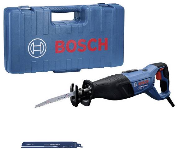 Modrá pila Bosch Tigersäge s dlouhým pilovým listem leží před modrým transportním kufrem Bosch. Vedle ní je umístěno náhradní pilové plátno.