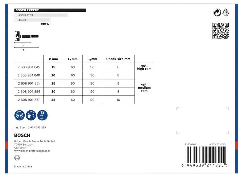 Etiketa 'Bosch Expert' s velikostmi vrtáků, délkami dříku a optimálními otáčkami. Obsahuje QR kód a produktová čísla.