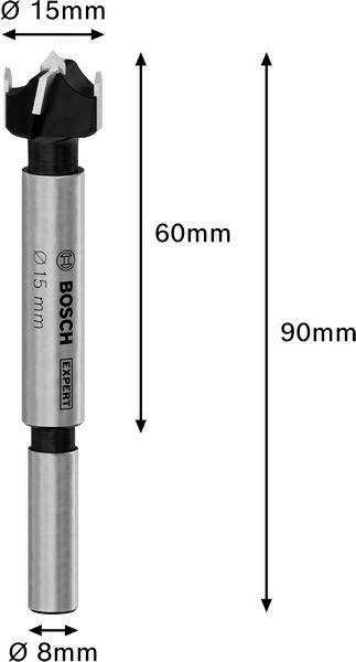 Frézkový vrták Bosch, průměr 15 mm, celková délka 90 mm, průměr dříku 8 mm. Ideální pro přesné vrtání do dřeva.