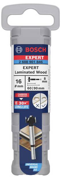 Vrták Bosch Expert, průměr 16 mm, vhodný pro laminát. Balení zobrazuje špičku vrtáku. Údaje výrobce nahoře.