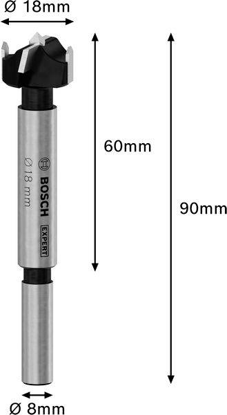 'Bosch sukovitý vrták, průměr 18 mm, celková délka 90 mm, pracovní část 60 mm, stopka o průměru 8 mm. Vhodný pro přesné vrtání do dřeva.'
