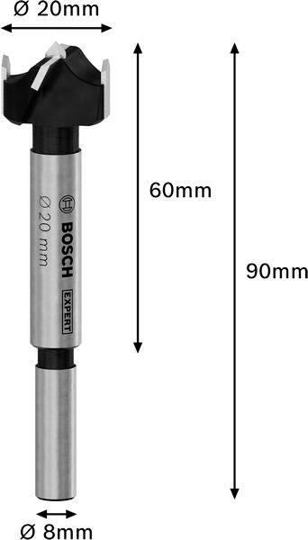 Vrták značky Bosch, průměr nahoře 20 mm, dole 8 mm. Celková délka 90 mm, řezná plocha 60 mm. Značení a velikostní popisy viditelné.