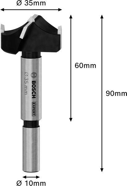 Frézkový vrták Bosch o průměru 35 mm, celkové délce 90 mm a průměru dříku 10 mm, zobrazený vedle rozměrových údajů.