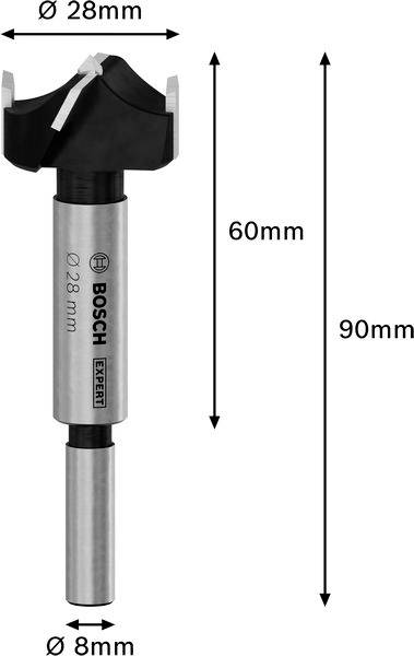 Vrtací vrták Forstner od Bosche s celkovou délkou 90 mm. Řezná hlava má průměr 28 mm, stopka 8 mm. Ideální pro přesné vrtání do dřeva.