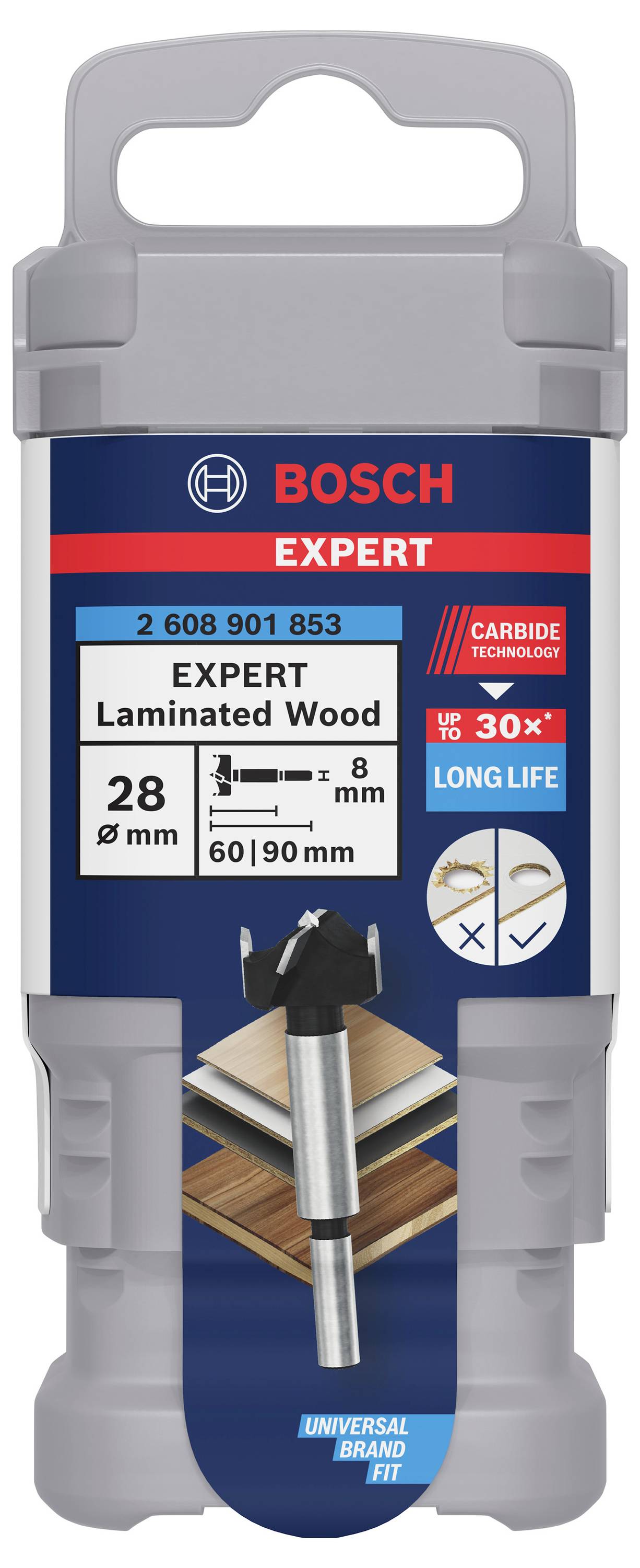 Na obrázku je balení vrtací frézy Bosch. Detaily produktu: 'EXPERT Laminovaného dřeva', průměr 28 mm, délka 60/90 mm.