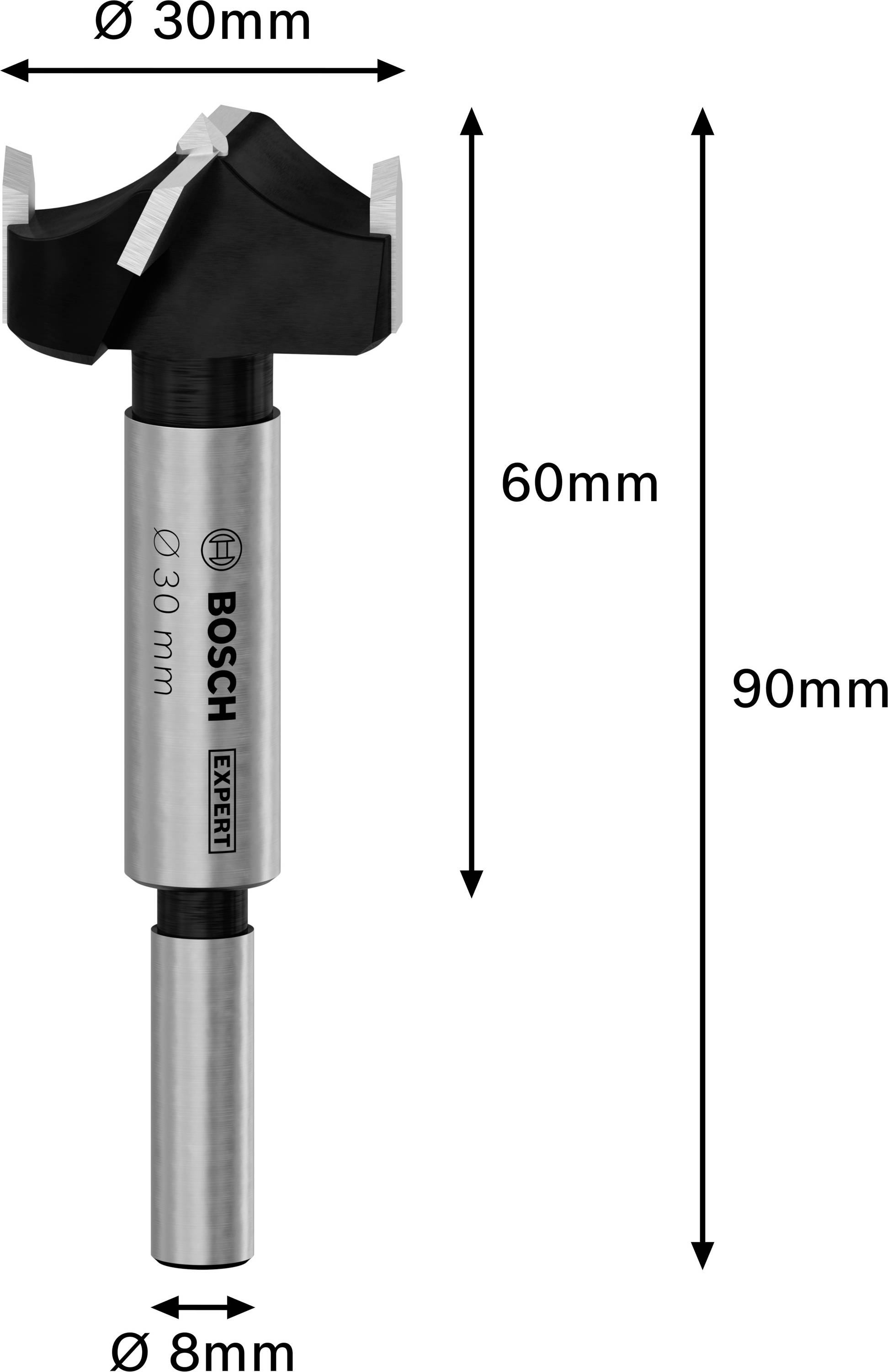 Sukovník s rozměry: Ø 30 mm hlava, Ø 8 mm stopka, celková délka 90 mm. Značka 'Bosch Expert' na stopce.