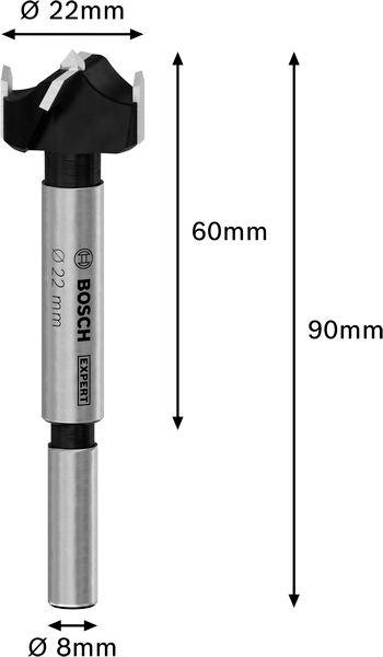 Výstružník značky Bosch o průměru 22 mm nahoře, průměru stopky 8 mm dole a celkové délce 90 mm.