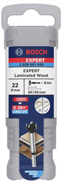 Vrták od Bosche pro dřevo, Expert Laminated Wood, průměr 22 mm, délka 60/90 mm, vhodný pro laminované dřevo, vysoká trvanlivost.