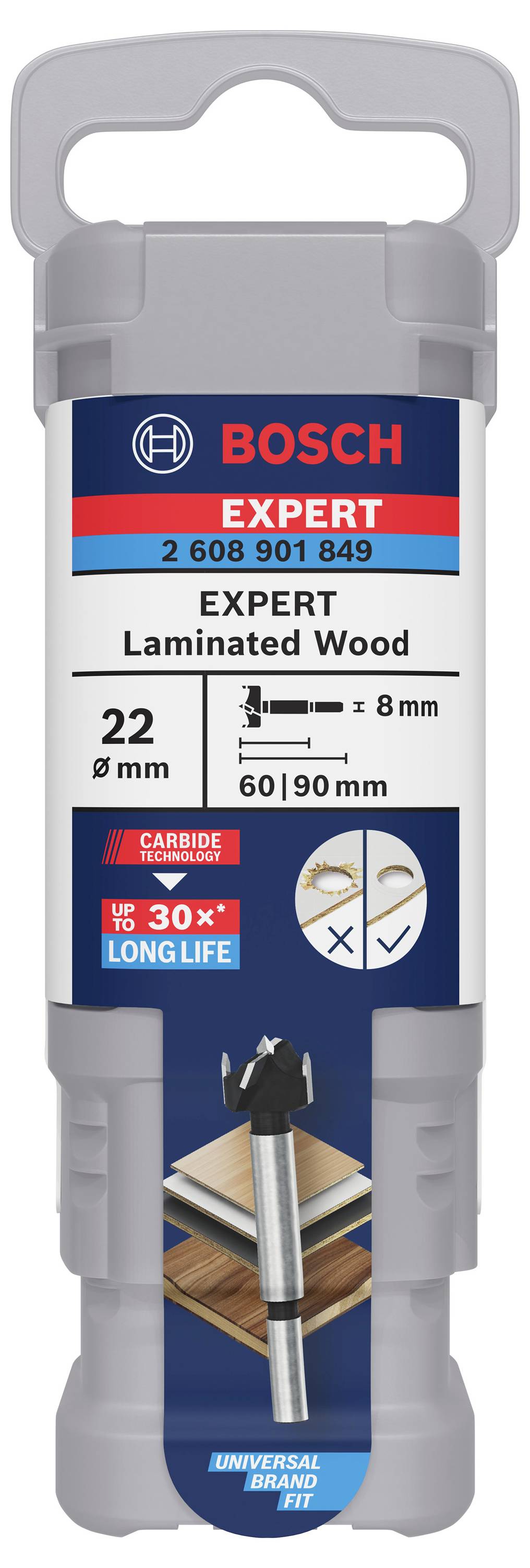 Balení pro Bosch vrták na laminované dřevo, průměr 22 mm, stopka 8 mm, délka 60/90 mm, z tvrdokovu, s dlouhou životností.