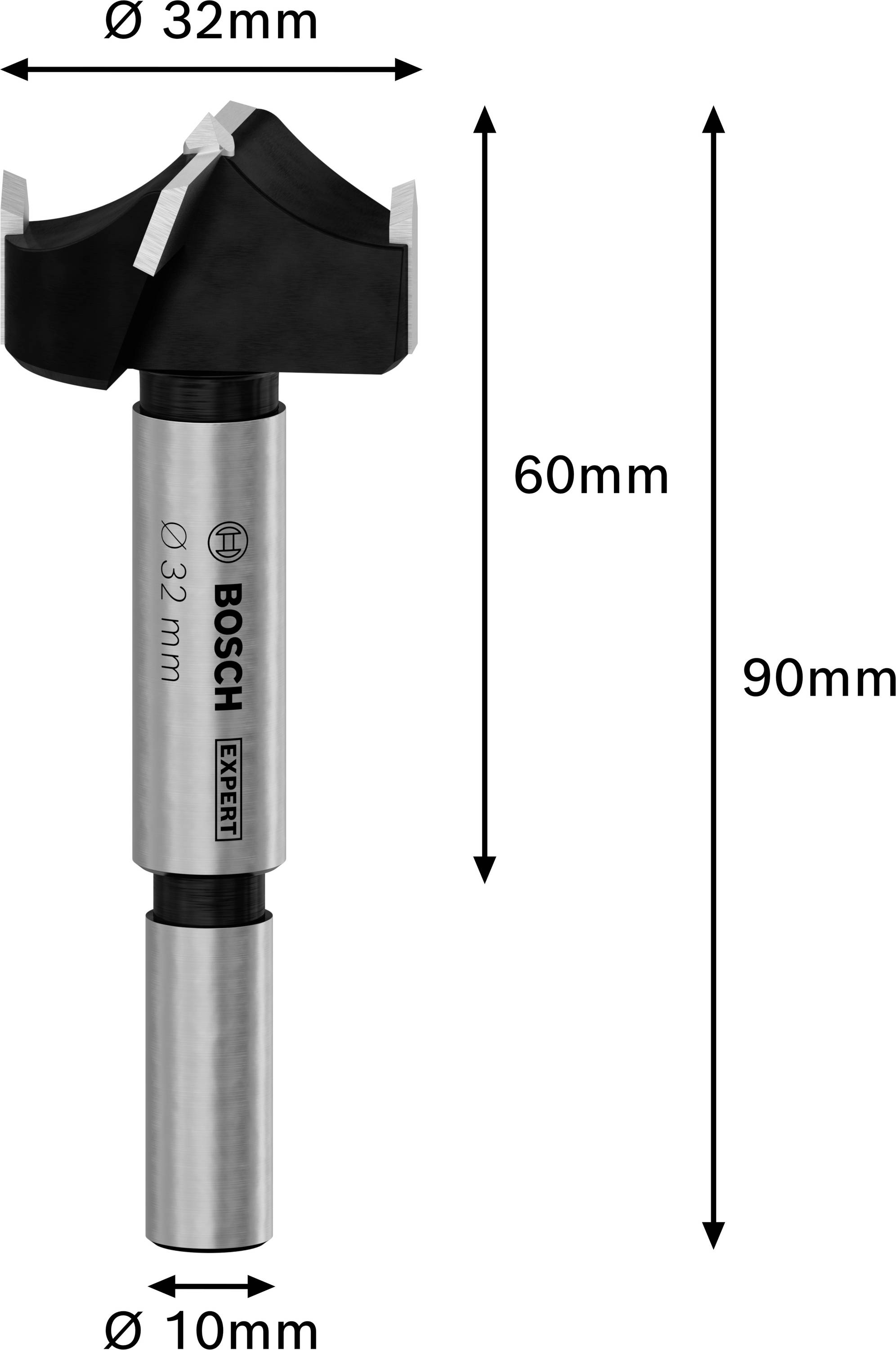 Forstnerův vrták o průměru 32 mm a celkové délce 90 mm. Značka 'Bosch Expert'. Detaily popsány v milimetrech.