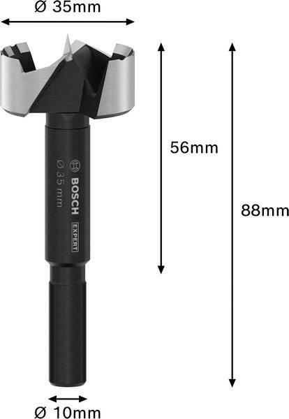 Vrták 'Bosch Expert' se středicím hrotem, průměr 35 mm. Celková délka 88 mm, průměr stopky 10 mm. Délka vrtací hlavy 56 mm.