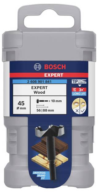 Šedá sada vrtáků Bosch pro dřevo. 'Expert Wood'. Výběr velikosti: průměr 45 mm, stopka 10 mm. Obrázek vrtáku a dřeva.