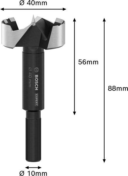 Vrtací vrták Bosch Expert s průměrem hlavy 40 mm, délkou stopky 56 mm, celkovou délkou 88 mm a průměrem stopky 10 mm.