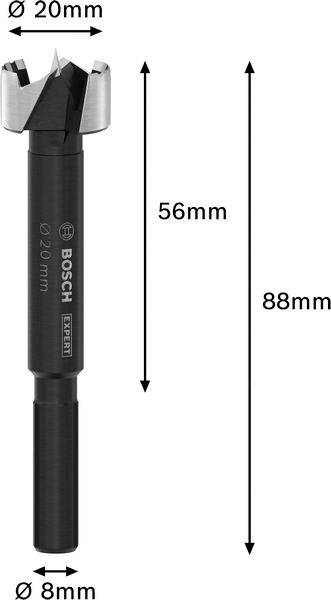 Sukovitý vrták značky Bosch o celkové délce 88 mm, průměru vrtání 20 mm a průměru stopky 8 mm.