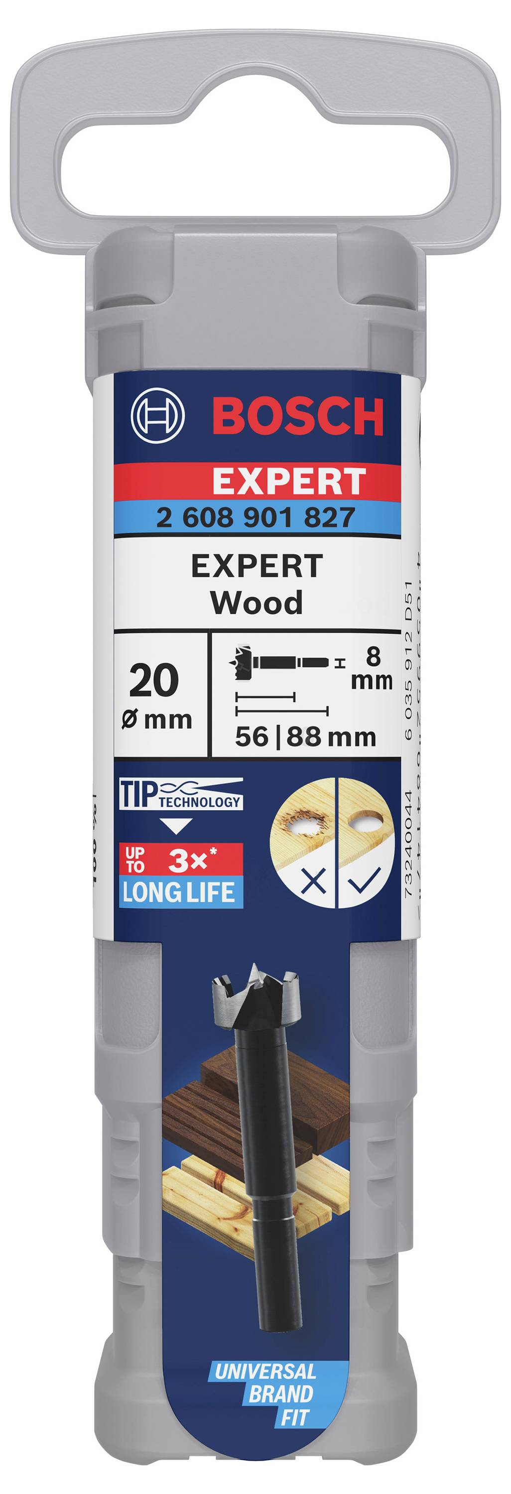 Vrták BOSCH EXPERT Wood má průměr 20 mm. Délka: 56/88 mm. Obsahuje 1 nástroj. Vhodný pro práci se dřevem.