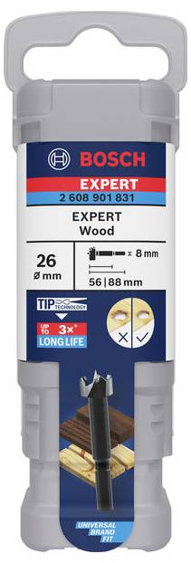 Šedý kontejner na vrtáky od firmy Bosch s nápisem 'EXPERT Wood'. Vhodný pro průměr 26 mm a délku 56/88 mm.