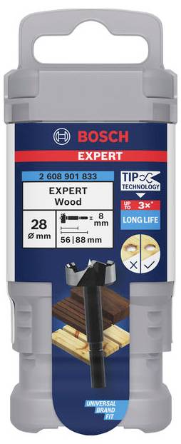 Obrázek obalu vrtací sady Bosch Expert Wood. Zobrazuje vrták o průměru 28 mm, zvláště vhodný pro práci se dřevem, s dlouhou životností.